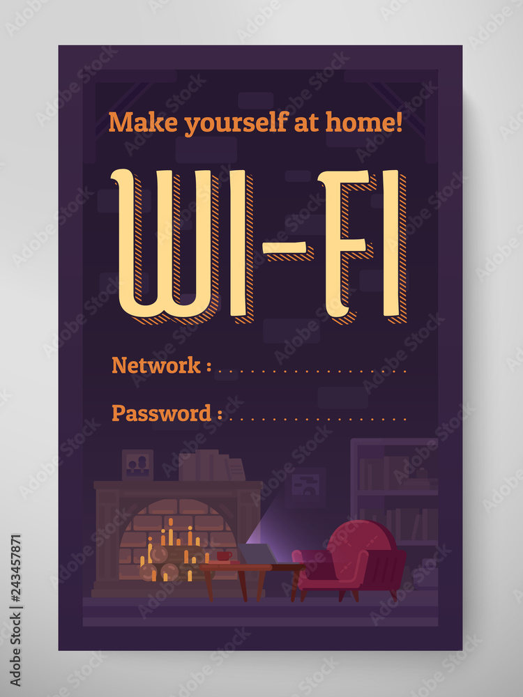 Vektorová grafika „Wifi flyer design network and password. Cozy living room  illustration. Hotel internet spot offer. Flyer 4:6 wall decor. Eps10“ ze  služby Stock | Adobe Stock