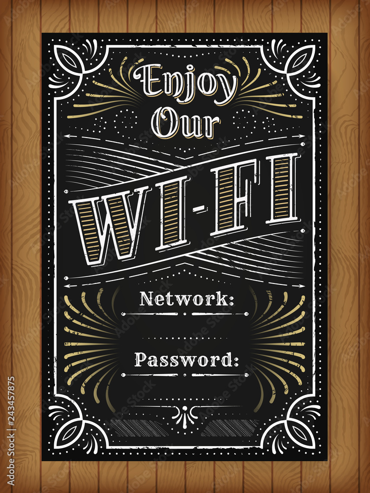 Wifi access lettering flyer for cafe bar. Vintage hand drawn chalkboard illustration concept. Grunge typographic poster i
