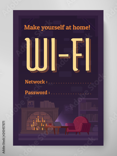 Wifi flyer design network and password. Cozy living room illustration. Hotel internet spot offer. Flyer 4:6 wall decor. Eps10