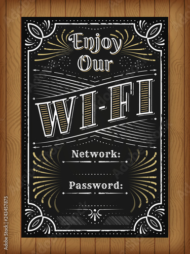 Wifi access lettering flyer for cafe bar. Vintage hand drawn chalkboard illustration concept. Grunge typographic poster i