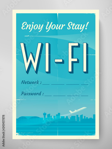 Retro airport poster with wifi login and password. Vip zone offer. Realistic grunge paper 4:6 with folds and scratches. Rustic Mock up wall decor. Eps10 vector
