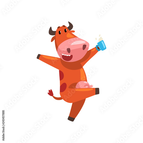 Happy brown cow with cup milk, farm animal cartoon character, design element can be used for advertising, milk package, baby food vector Illustration
