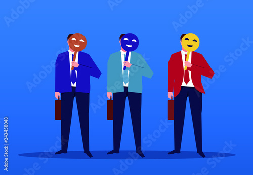 Three businessmen holding masks