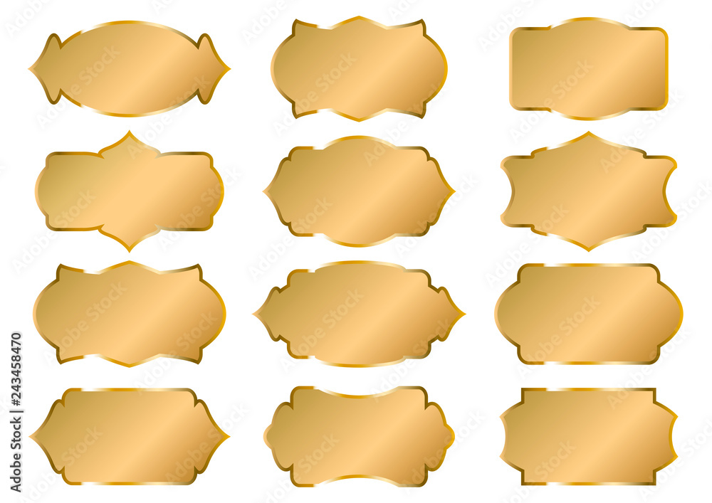 Set of gold blank labels of different shapes. Golden plates. Signboard
