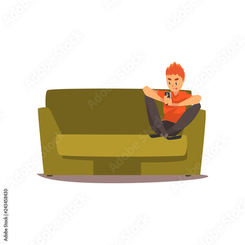 Young man sitting on the sofa with smartphone vector Illustration