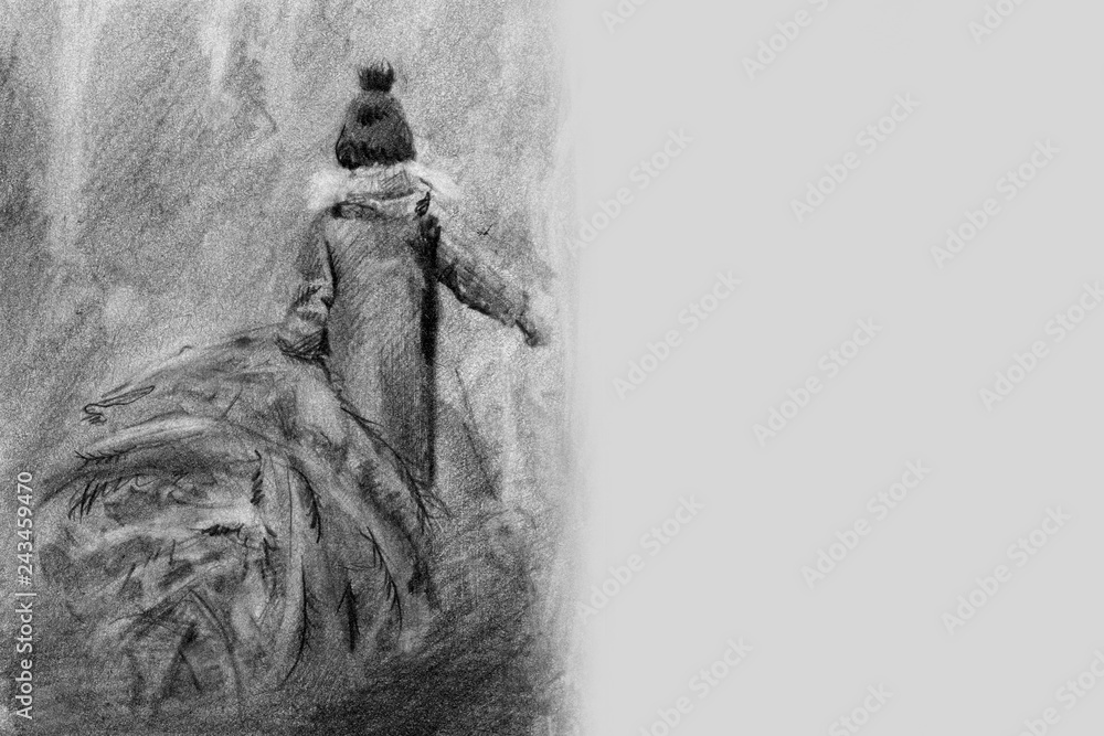 girl in a coat and a hat. Carries a Christmas tree. graphics. pencil drawing