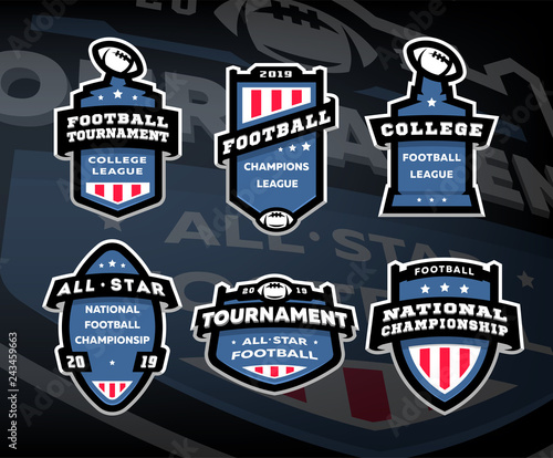 Set of American football logos, emblems, labels on a dark background.