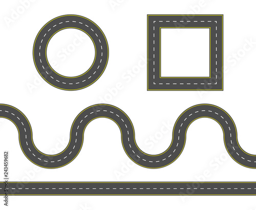 Road construction set. Highway map toolkit. Connectable road elements. Vector illustration of winding road.