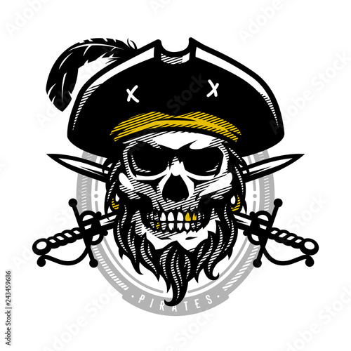Pirate skull in vintage style. Skeleton head and crossed swords. Vector illustration, emblem, logo.