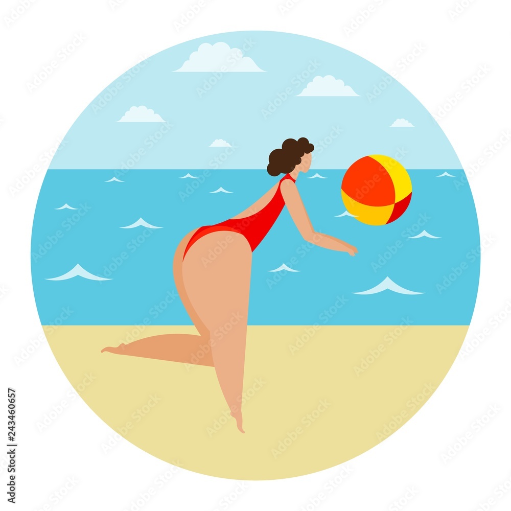 Girl and beach volleyball in the sand. Stylized woman on the beach playing ball. Vector illustration of a summer sports game and leisure activities. Vacation by the sea.