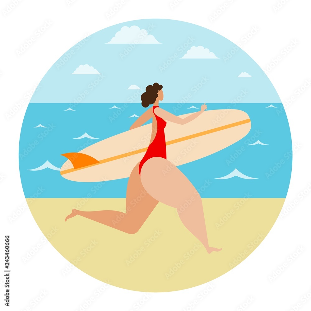Young girl running along the sand on the seashore with a surfboard. Woman surfing summer summer vacation. Recreation and sport. Vector illustration