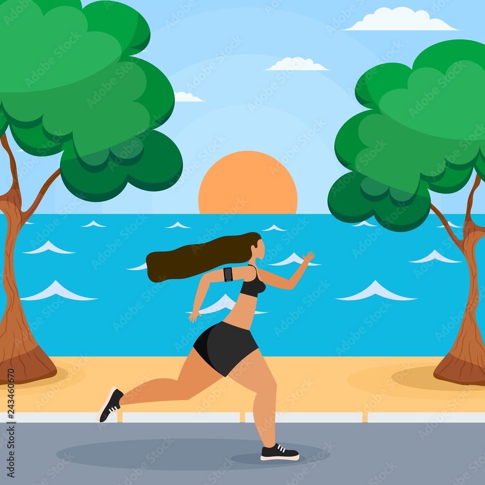 Young woman running along the seashore. Seascape with sunsets, trees, seashore and sand and a young girl running. Sport and a healthy lifestyle for young people. Vector illustration