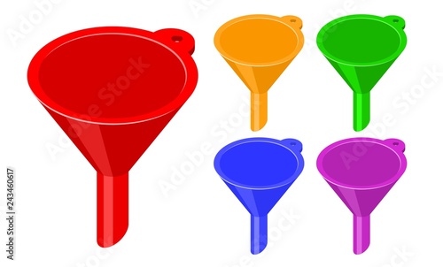 Funnel on a white background. Vector illustration of a set of colored funnels in isometric, isolated object style. A collection of tools for fluid, gasoline, engine oil.