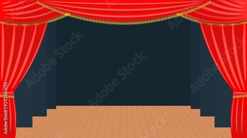 Theater curtain Classic view of theatrical backstage and curtain from  auditorium Red fabric with golden fringe Vector illustration of a modern theater with  floor, black wings