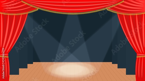 Theater curtain Classic view of theatrical backstage and curtain from  auditorium Red fabric with golden fringe Vector illustration of a modern theater with  floor, black wings and searchlight beams.