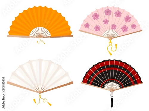 Set of fans on a white background. Yellow, white, with a floral pattern and red stripes fan. Japanese and Chinese fan with tassels. Vector illustration