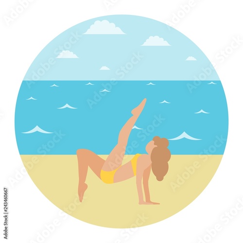 Young girl in a bikini on a beske by the sea is engaged in physical exercise Young woman Yoga. Seashore and sporty young lady Vector illustration of active lifestyle, summer holidays and vacation