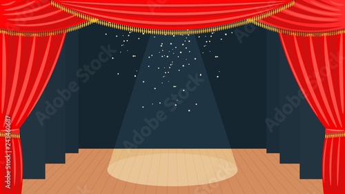 Theater stage with a red curtain, golden fringe and a spotlight and wooden floor. Theatrical art. Vector stock illustration