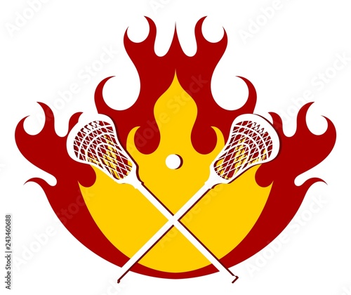Lacrosse putter and ball on fire background. Flames with sticks for lacrosse. Vector illustration.