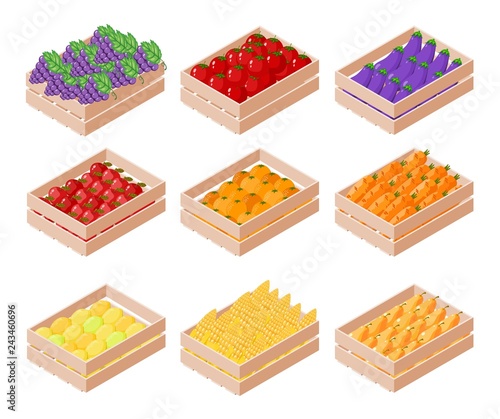 Set of isometric box with fruits and vegetables on white background. Apple, pear, eggplant, lemon, grapes, tomato, carrots, corn in containers for sale. Vector illustration