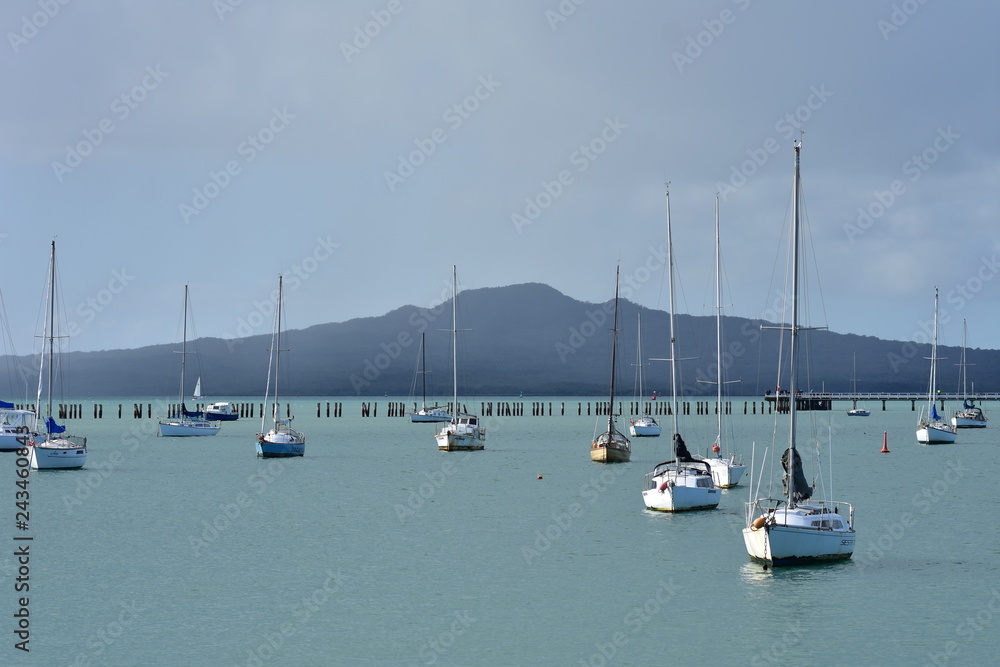 Bay with still water and moored sailing boats with wooden breakwall and Rangitoto volcano island in Auckland on overcast day.