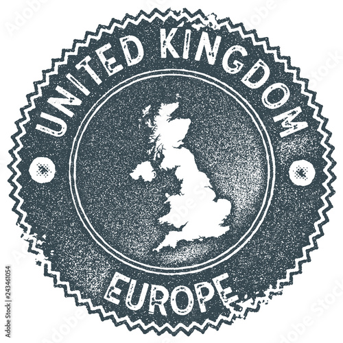 United Kingdom map vintage stamp. Retro style handmade label, badge or element for travel souvenirs. Dark blue rubber stamp with country map silhouette. Vector illustration.