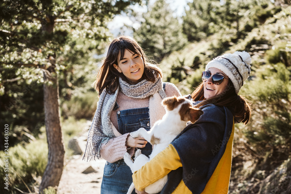 Fototapeta premium .Two good friends walking through the mountains on a sunny winter day, accompanied by their sweet brown and white dog. Dogfriendly. Lifesytle.