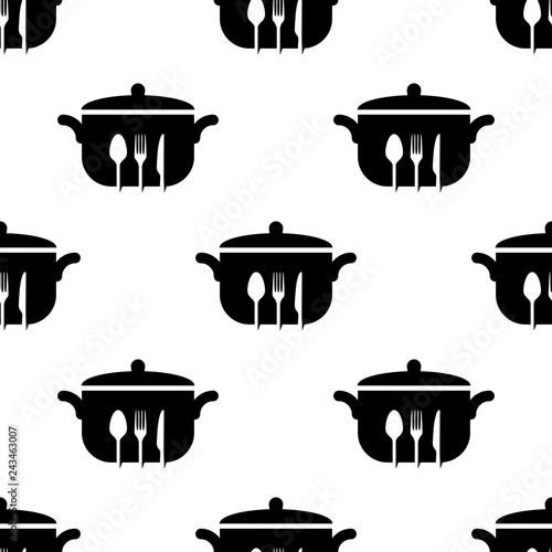 Icono plano patrón con cacerola con cubiertos en color negro