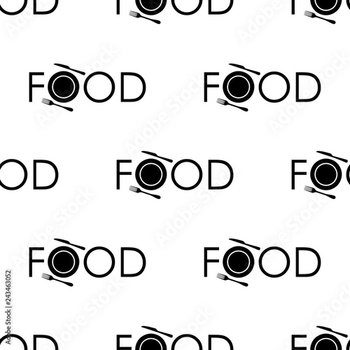 Icono plano patrón con logotipo FOOD con plato y cubiertos en color negro
