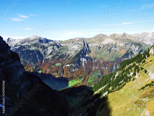 Peak Dejenstock or Dejenstogg and the mountain chain north of Lake Klontalersee - Canton of Glarus, Switzerland photo