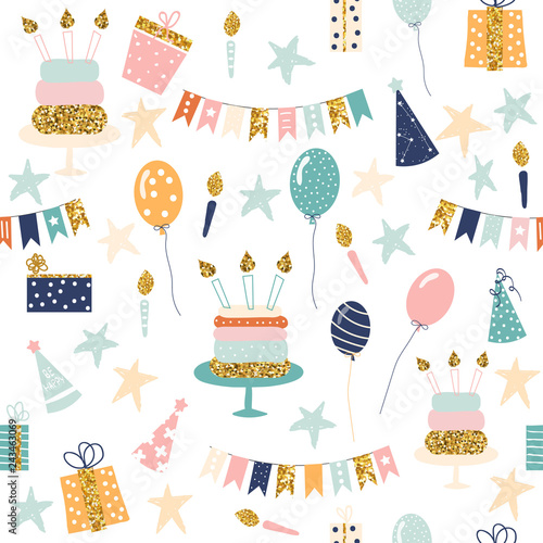 Seamless pattern with holiday objects. Cute birthday print. Vector hand drawn illustration.