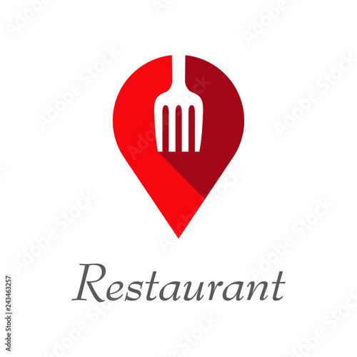 Logotipo con texto Restaurant con tenedor en espacio negativo en puntero con sombra en color rojo
