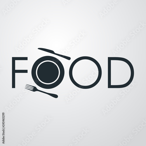 Logotipo con texto FOOD con icono de plato y cubiertos en fondo gris 