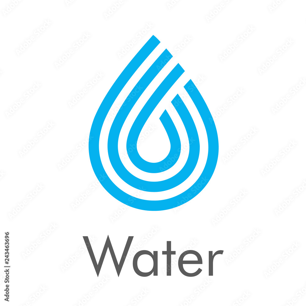 Logotipo con texto Water con gota con lineas paralelas en color azul