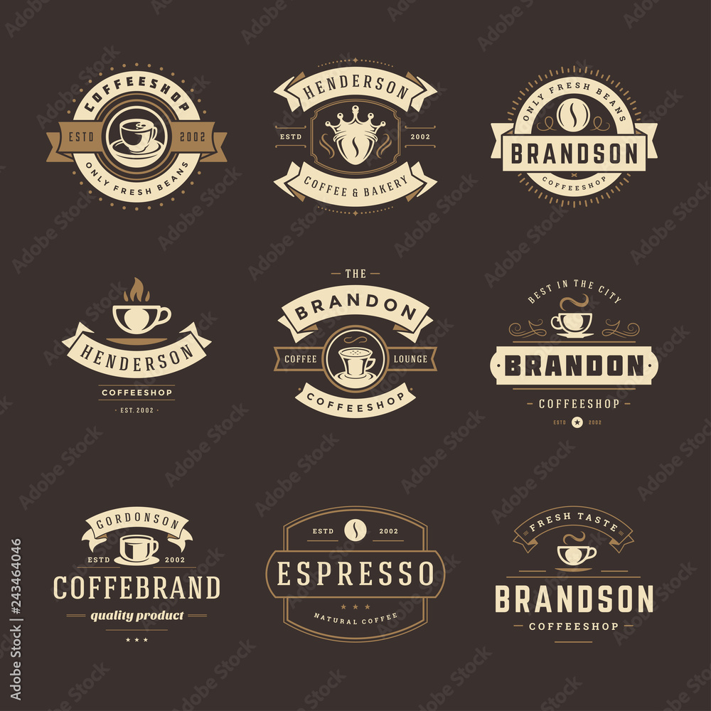 Coffee shop logos design templates set vector illustration. Coffee shop logos design templates set vector illustration.