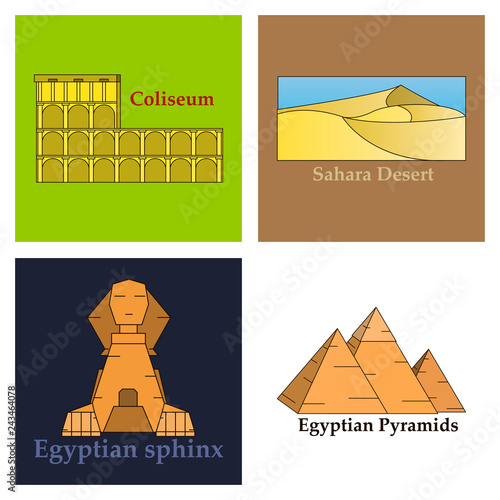 Travel, journey concept. Famous monuments of world countries. Vector illustration