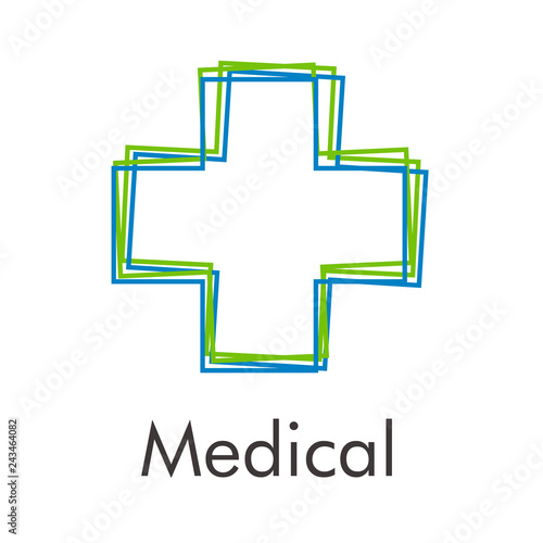 Logotipo abstracto con texto Medical con varias cruces lineales en verde y azul