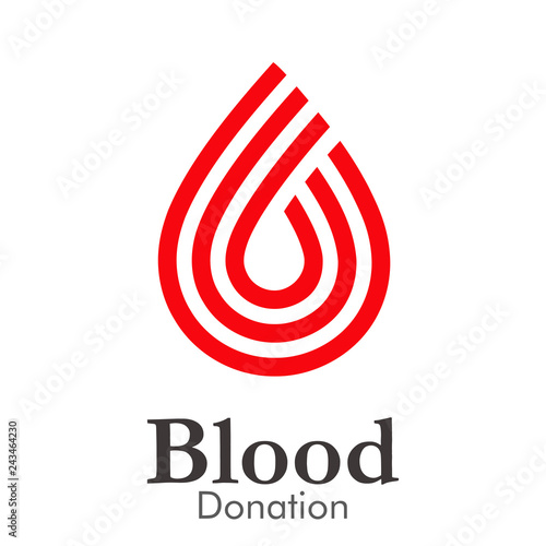 Logotipo abstracto con texto Blood Donation con gota con líneas paralelas en color rojo