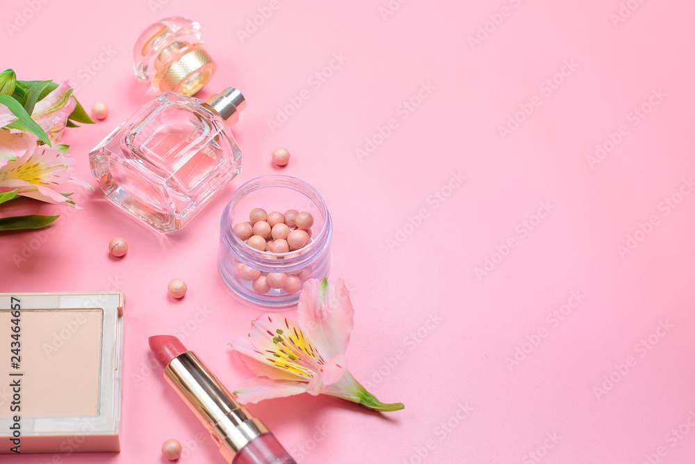 cosmetics and accessories on a pink background cosmetics and accessories on a pink background