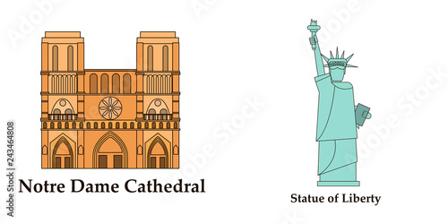 Travel, journey concept. Famous monuments of world countries. Vector illustration