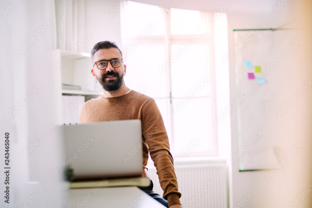 Fototapeta premium Mature hipster businessman with laptop working in a modern office.