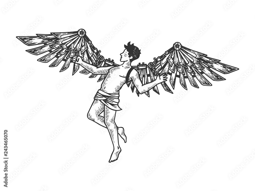 Icarus with mechanical wings Greek mythology engraving vector illustration. Scratch board style