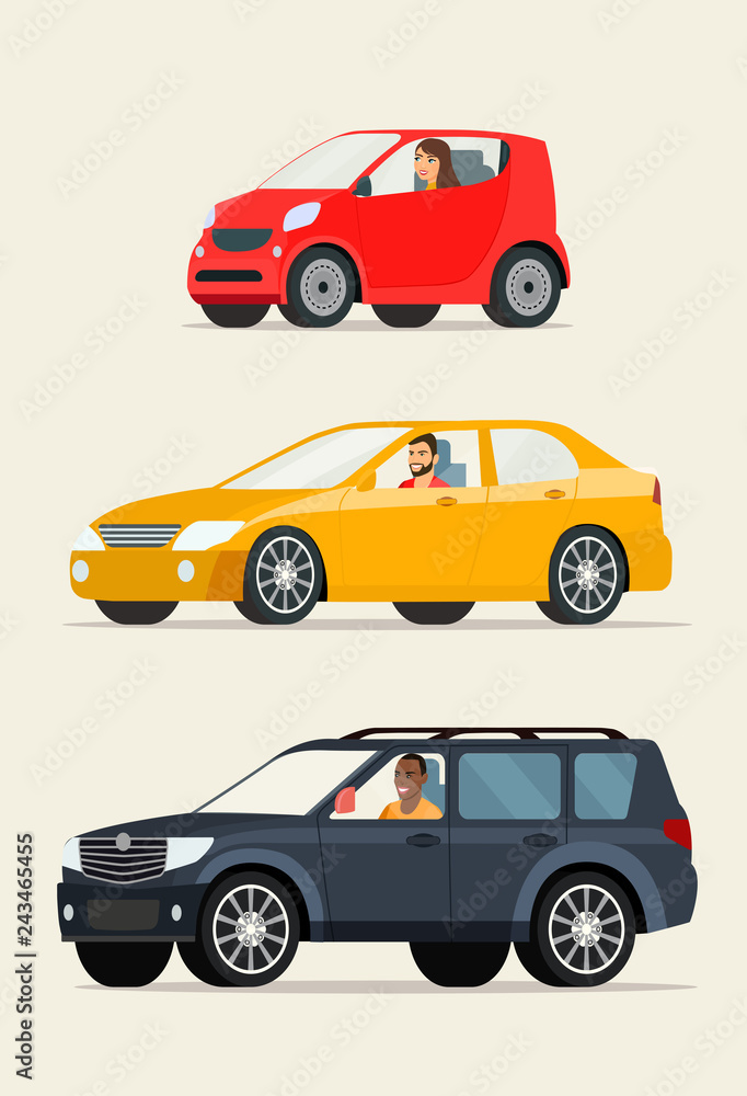 Red сompact city car, red sedan car and black suv car. Vector flat illustration
