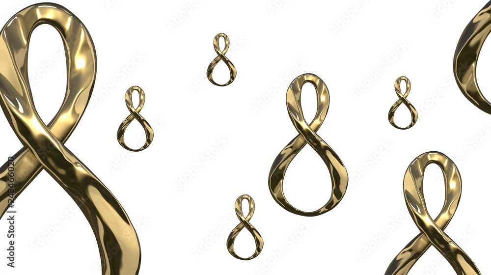 Fototapeta premium 8 March symbol. Figure of eight made of cast gold platinum or silver flying in the air. Decorative greeting or postcard for international Woman's Day 3d illustration