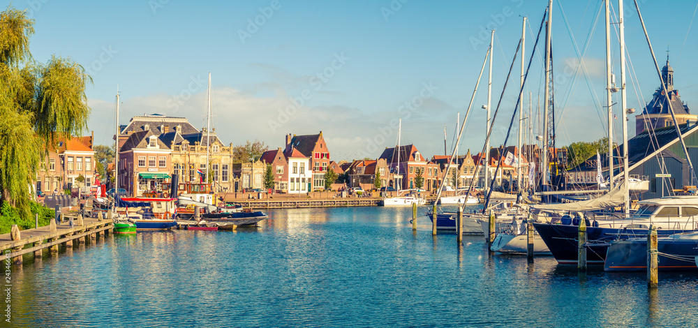 Panorama of old harbour and quayside in historic city of Enkhuizen, North Holland, Netherlands