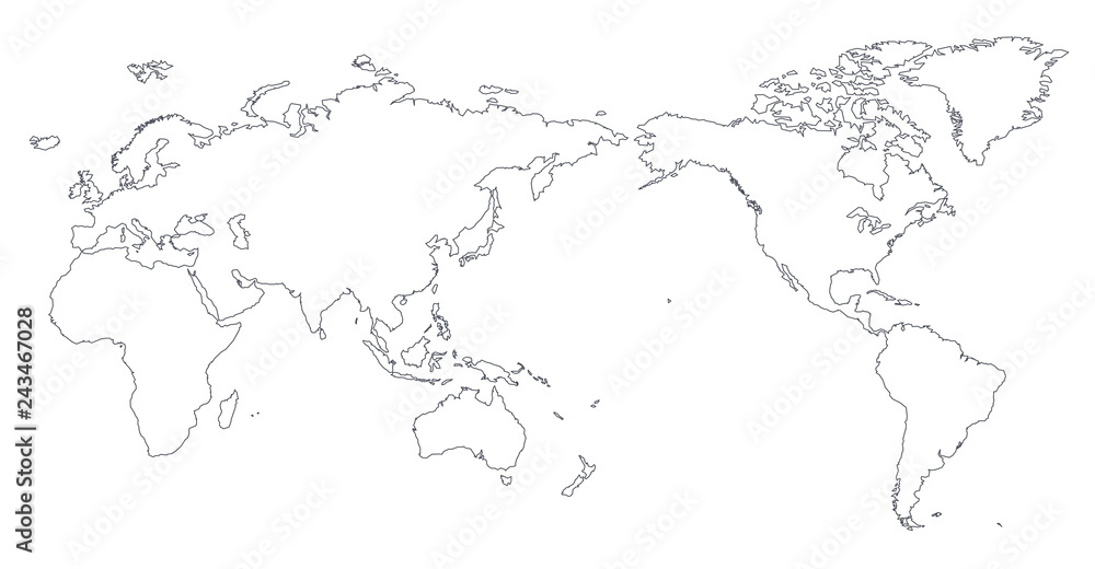 Naklejka premium World Map Outline Contour Silhouette - Asia in Center