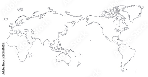 World Map Outline Contour Silhouette - Asia in Center