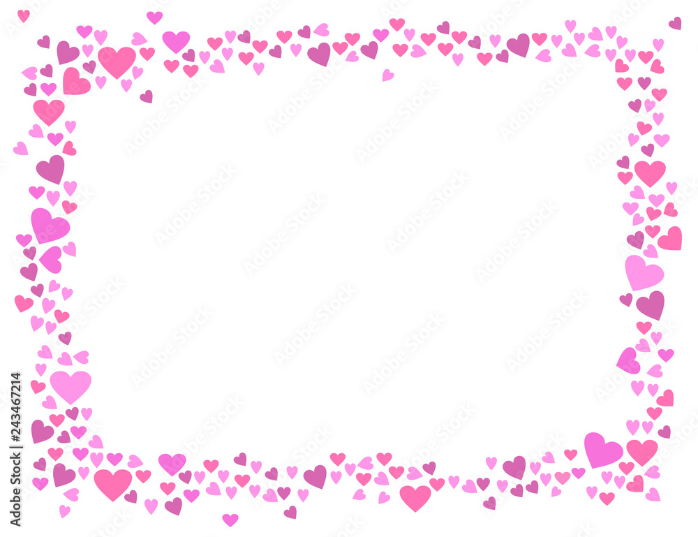 Abstract love for your Valentines Day greeting card design. Pink rose Hearts horizontal frame isolated on white background. Vector illustration