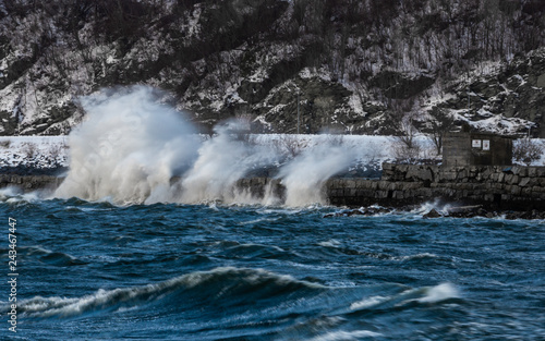 Breaking waves during stormy day in Trondheim, Norway.