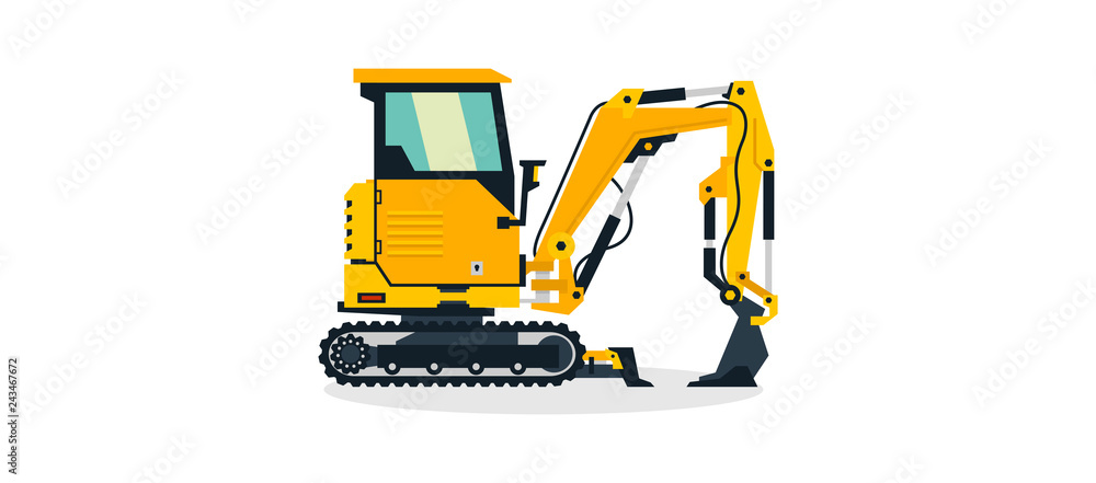 Mini excavator, commercial vehicles, construction equipment. Small  construction excavator. Vector illustration Stock Vector